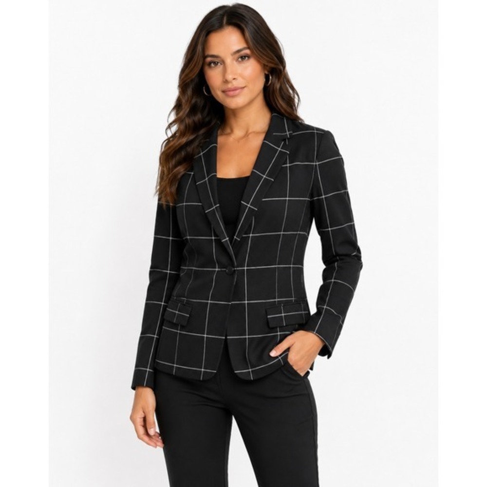 Black and White‎ Windowpane Plaid Single Button Blazer Jacket Women